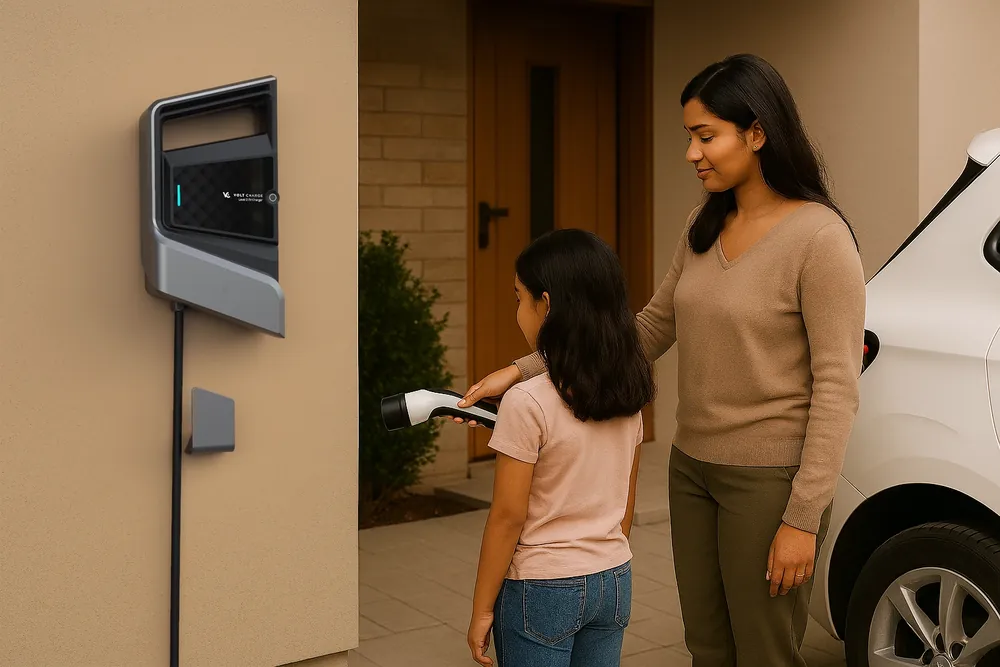 Mother and daughter charging an EV at home with a VOLT Charge wall charger