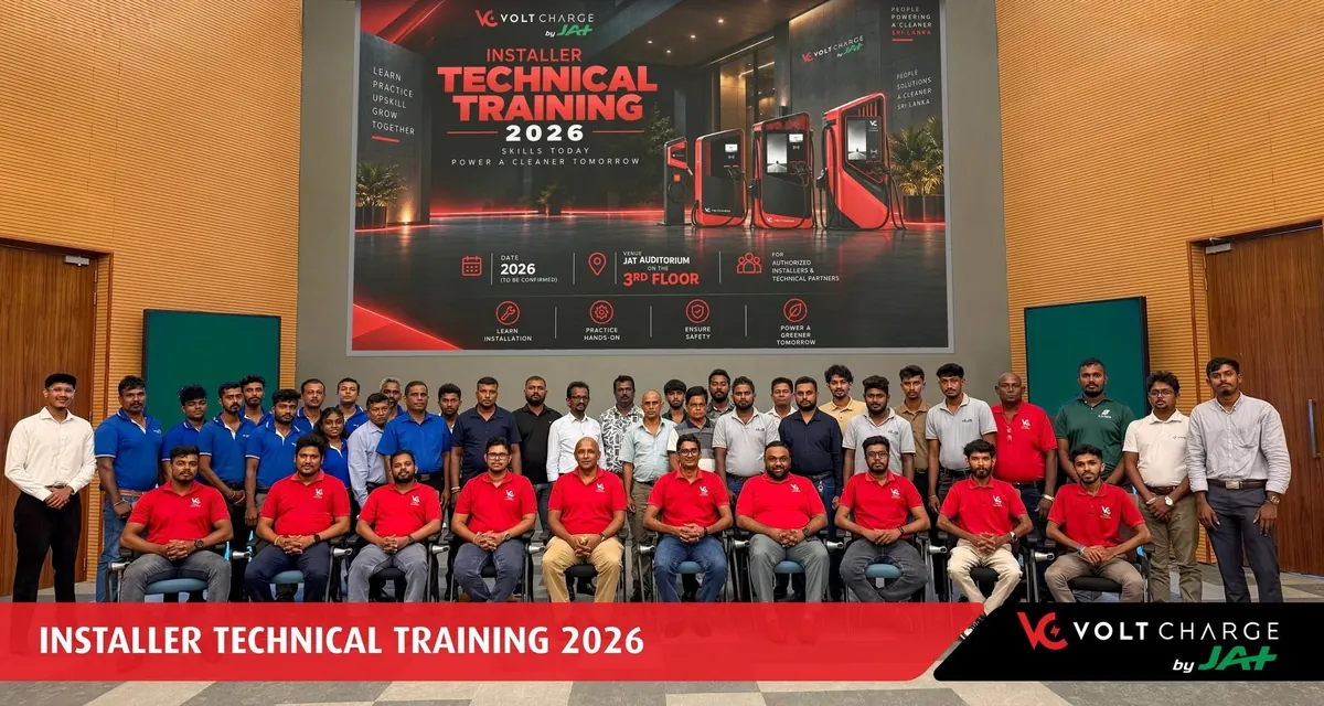 Volt Charge Installer Technical Training 2026 — all participants at JAT Holdings Auditorium, Colombo