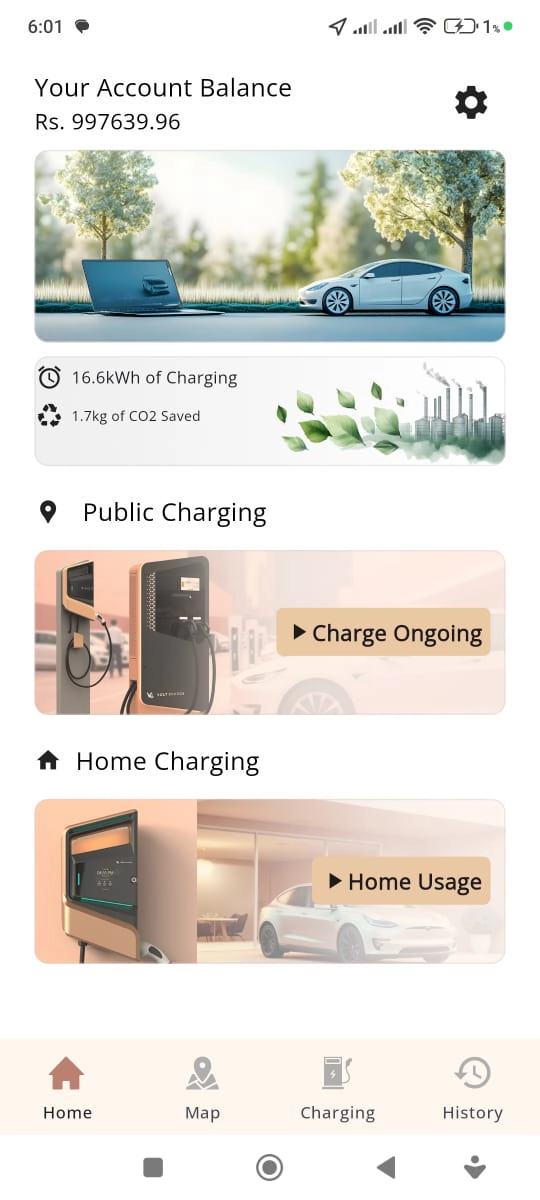 VOLT Charge app home screen showing account balance and public charging