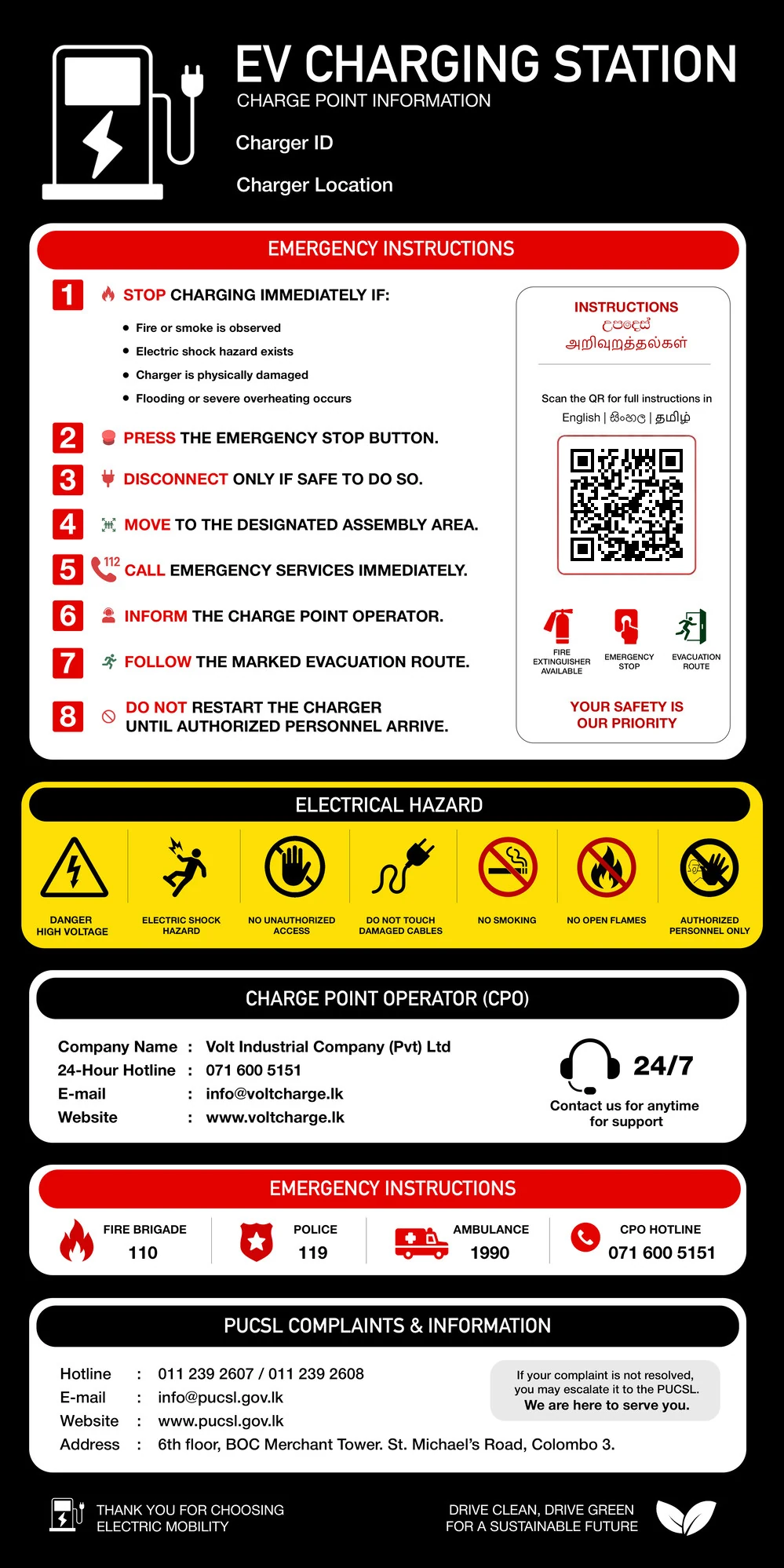 EV Charging Station charge point information notice in English: emergency instructions, electrical hazard warnings, Charge Point Operator contact details, emergency numbers and PUCSL complaint information.