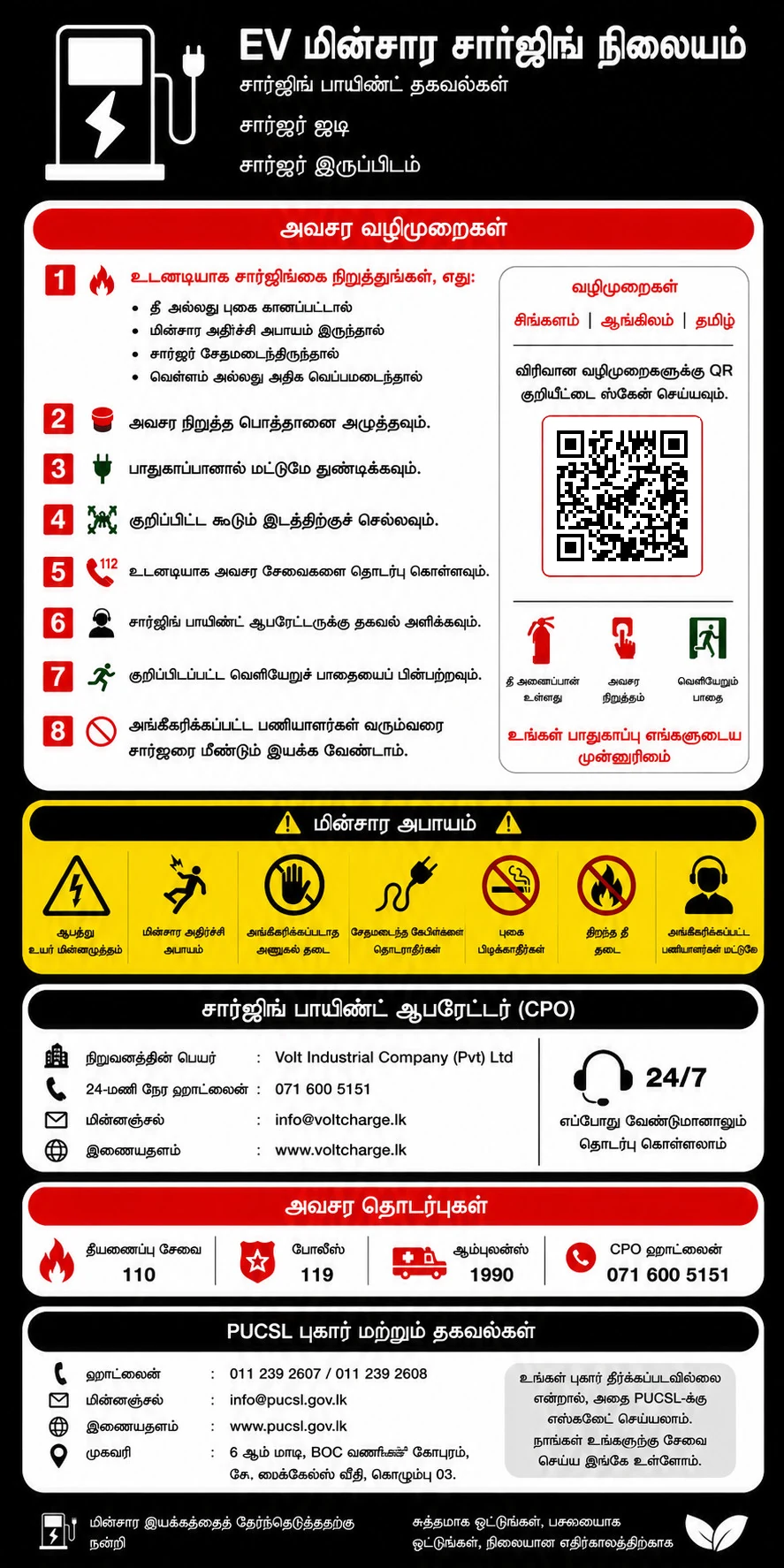 EV மின்சார சார்ஜிங் நிலையம் — charge point information notice in Tamil: emergency instructions, electrical hazard warnings, Charge Point Operator contact details, emergency numbers and PUCSL complaint information.